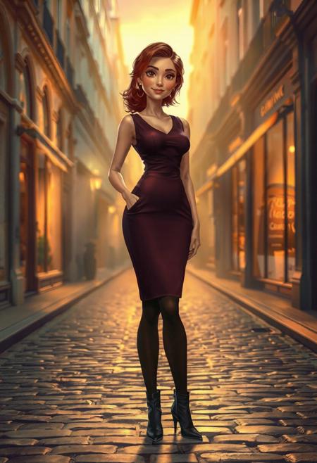 A 4K ultra-detailed digital illustration of Geneviève Marie Dubois, a poised and stylish woman in her early 30s. She stands full-body in a softly lit Parisian street at dusk, the warm glow of boutique windows reflecting off cobblestone pavement. Golden light spills through the atmospheric haze, adding cinematic depth and charm to the scene. Geneviève wears a sleek, fitted contemporary dress in a deep jewel tone, paired with black tights and chic ankle boots. Her chestnut brown hair is softly styled, and her expression is calm, confident, and subtly inviting. The textures of her outfit and the urban surroundings are richly rendered with photorealistic precision, while the overall illustration carries the warmth and storytelling flair of a Pixar or DreamWorks-style aesthetic.