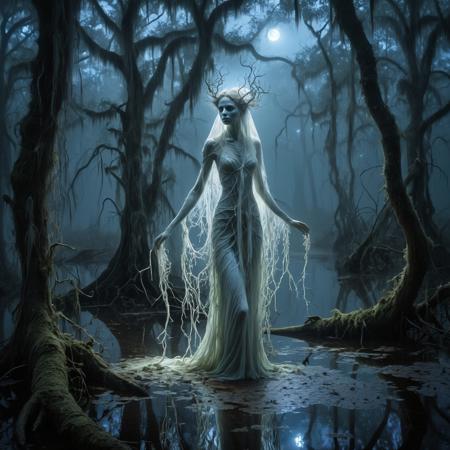 A hauntingly beautiful, pale white dryad with an ethereal, luminescent glow, wanders through the dark, misty swamp at night, its hair a tapestry of glowing, iridescent mycelium, swaying gently in the faint breeze, as it navigates through the twisted, gnarled, and dying trees, their branches heavy with the weight of Spanish moss, which hangs like a veil of sorrow, the atmosphere thick with an otherworldly energy, the air heavy with the scent of damp earth and decay, the lighting a masterful blend of soft, moonlit hues and flashes of intense, electric blue, as if the very fabric of the swamp was alive and pulsing with an ancient, mystical power, the overall mood a masterful balance of foreboding and enchantment, captured in stunning, photorealistic, high-dynamic-range detail.