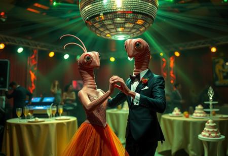 An anthropomorphic male worm dancing with an anthropomorphic female worm at a prom. The male worm wears a sleek, tailored suit, and the female worm wears an elegant, flowing dress. Both are detailed with expressive features. In the background, there are DJs, drinks on tables, flashing lights, and cakes. A strobo disco ball spins above, casting dynamic reflections. The scene is high-detail with cinematic Panavision anamorphic lenses, enhanced by greenish color correction to create a dramatic atmosphere, capturing the lively energy of the prom night
