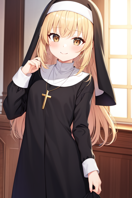 nun, 1girl, solo, brown eyes, long sleeves, long hair, smile, blush, blonde hair, jewelry, closed mouth