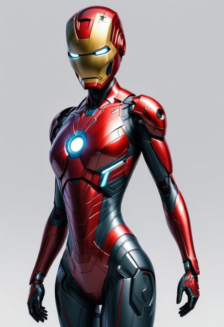 powered futuristic outfit, Anna, Ironman, red suit, Ironman helmet, style of stanley artgerm, artgerm style, white background, simple background