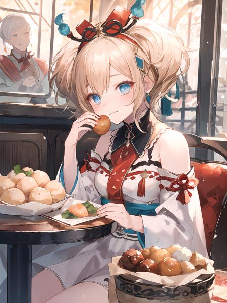 masterpiece,best quality,highres,cinematic lighting,dramatic angle,<lora:ResplendentPhoenixV1:0.8:lbw=jiangshi3>,1girl,light blonde hair,blue eyes,twintails,short hair,capelet,hair ornament,bowtie,tassel,jewelry,ribbon,white and red dress,bare shoulder,frills,sash,detached sleeves,sitting,eating,chewing,:3,food,baozi,dumplings,meat ball,soup,table,across table,embarrassed,looking at viewer,blush,shy,happy