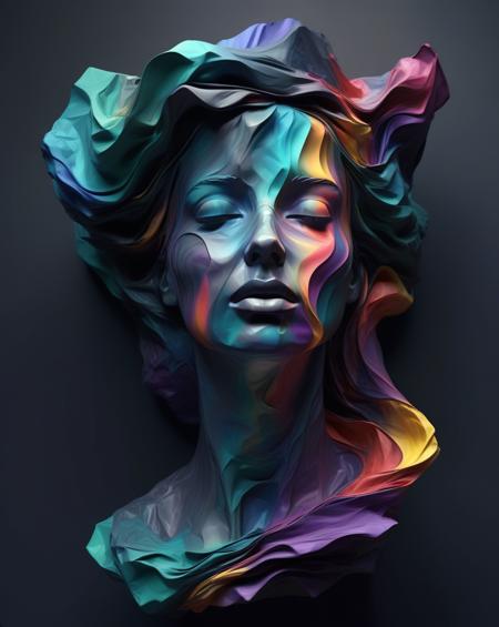 dark sky,abstract waves of colors blending together conforming a woman face,in the style of 3d render,  crumpled,  ethereal sculpture, breathtaking,award-winning, masterpiece, professional, majestic, expressive, striking, evocative
