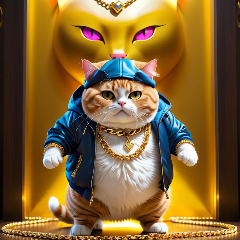 A cat wearing a blue hoodie and a gold chain necklace.
