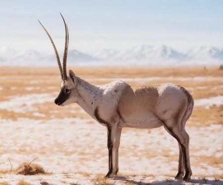 no humans, masterpiece, photorealistic, best quality, 8k,  ((walk on the road)),
 tibet antelope, realistic, horns, solo, animal, outdoors, sky, field, full body, snow, bokeh, <lora:tibet_antelope_v1-000015:0.67>