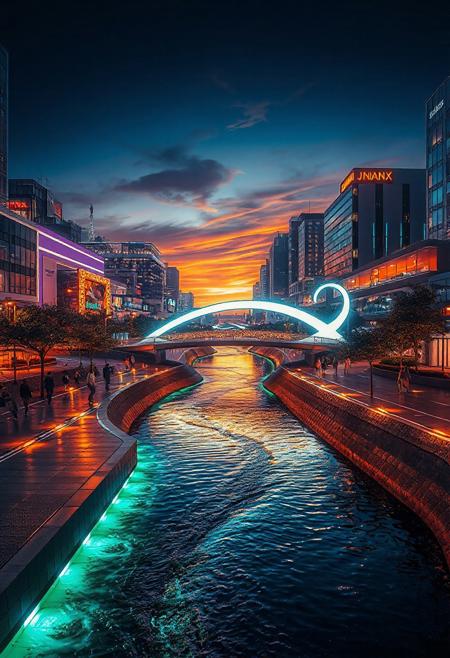 JNANX,luminous white silhouette,cyan glow,emerald highlights,flickering outline,dreamlike movement,rippling colors,drifting embers,infinite black background,psychedelic colors,ethereal,futuristic surrealism,gw,glowing,night,night sky,trippy,
"A vibrant urban evening scene at dusk, featuring a shallow, winding waterway flowing through a modern city center. Pedestrians stroll along illuminated walkways beside the water, some dipping their feet in the stream. Tall, contemporary buildings with glowing lights line both sides of the waterway, reflecting in the gentle currents. A pedestrian bridge decorated with warm lights crosses over the water in the middle ground, leading towards a colorful sky with hues of orange, yellow, and grey."