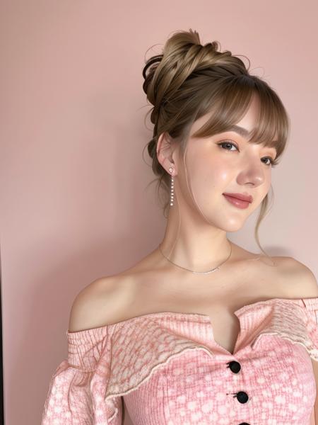 yerin in rose flower pink off shoulder, hair tied up, brown hair, hair bangs, half body, smiling, standing, cute pose

, hyper realistic lifelike texture dramatic lighting unrealengine trending on artstation,award winning photo,nikon RAW photo,8 k,Fujifilm XT3,masterpiece, best quality, realistic, photorealistic,ultra detailed,extremely detailed face,

 <lora:yerin-sd1.5-n30-e555-v1-000001:0.8>