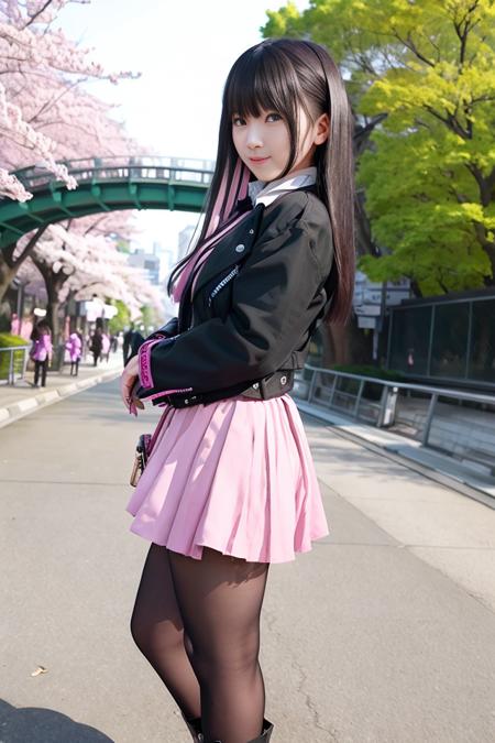 1girl, jacket, shock_pink skirt, (black tights), short boots,  lips, lipstick, realistic,  solo, standing, best quality, photorealistic, masterpiece, 8k, high res, solo, (((woman))), (medium breast), ((looking at the viewer)), (looking at the camera), (long hair), (professional lighting, bokeh),top angle view, extremely detailed face, fashionable and trendy atmosphere, japan, street, park, river, bridge,  sakura, sakura blossom, ((daytime)), (portrait:0.6), seductive smile, gorgeous, floating hair, (light particles, lens flare, glowing particles:0.6), (dynamic pose:1.2), soft lighting, brown hair, full body, narrow face, smile,  mask, japanese, gothic, heterochromia eye, purple left eye, blue right eye, beroba, uniform, black hair with highlight, nail_polish, pink_nails,  <lora:Beroba:0.8>