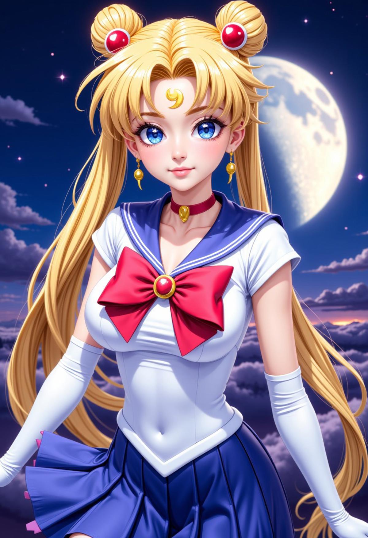 zzCitronCAT, tsukino usagi, sailor moon, 1girl, solo, long hair, medium breasts, 25 year old, blush, smile, bangs, blue eyes, skirt, blonde hair, shirt, hair ornament, gloves, bow, twintails, jewelry, very long hair, closed mouth, collarbone, white shirt, short sleeves, heart, cowboy shot, pleated skirt, earrings, sky, choker, elbow gloves, white gloves, bowtie, sailor collar, hair bun, red bow, blue skirt, parted bangs, double bun, night, magical girl, moon, blue sailor collar, crescent, brooch, red bowtie, night sky, full moon, circlet, back bow, red choker, sailor senshi uniform, heart brooch, heart choker, crescent earrings,