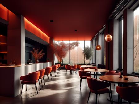 Red fauvism, no humans, scenery, table, chair, indoors, window, lamp, plant, tree, ceiling light, cup, light, restaurant<lora:Justin_red_fauvism_V110:0.8>,