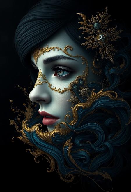 A cinematic shot of a highly detailed digital illustration in a macabre style. The focus is on a fantastical beautiful woman, face with a dark, intricate fantasy theme. Her silver-gray eye contrasts with the ornate gold details adorning her face. The background is a deep, velvety black, amplifying the mystery. Her body dissolves into mesmerizing waves of gold and swirling blue onyx, blending seamlessly into the void. The image has a cinematic aesthetic, evoking an eerie yet captivating sense of otherworldly beauty.