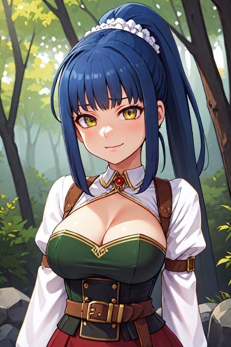 chloeironside, arm belt, belt buckle, white shirt, brown belt, yellow eyes, buckle, cleavage, black corset, hair scrunchie, red skirt, bangs, blue hair, ponytail ,brooch