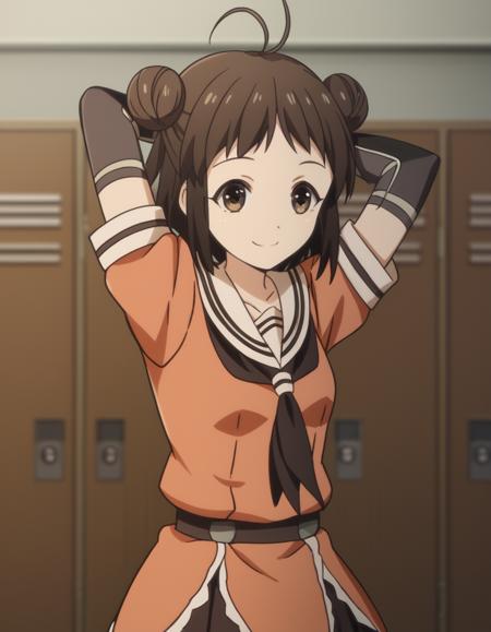 naka, short hair, brown hair, brown eyes, hair bun, double bun, antenna hair, naka (kancolle) skirt, gloves, school uniform, serafuku, elbow gloves,