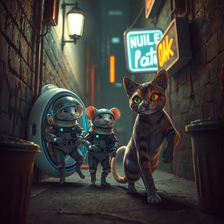 Two tiny mice, dressed in high-tech, advanced spacesuits with glowing visors and futuristic gadgets, are stepping out of a small, sleek alien spacecraft. Their faces are lit with excitement and wonder as they eagerly anticipate meeting Earth's inhabitants. However, they’ve mistakenly landed in a gritty, dimly lit urban alleyway with a few neon signs casting light . The walls are covered in graffiti, and trash bins line the narrow space. Emerging from the shadows, an alley cat with a muscular physique, sleek fur and piercing gold and green eyes is poised to pounce, toward the unsuspecting mice. The scene is illuminated by a flickering streetlight neon and neon signs, casting eerie shadows across the alley., architecture, fashion, poster, 3d render