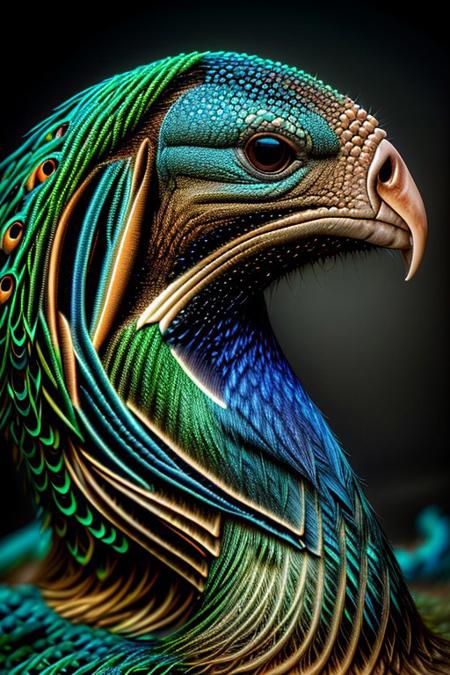 Create a photorealistic close up image of a peacock, feathers, vibrant colors and dark background, highly detailed, aesthetic, great lighting, extremely detailed,  award winning, perfect composition, a rich and complex image of nature, a vibrant tissue of hues and textures captured digitally, best quality, realistic, captivating, intricately detailed, hyper detailed, maximalist style, photorealist, sharp focus, dynamic lighting, superb composition, finest details, highest aesthetics, best quality, sharp focus, high contrast, stylized, clear, colorful, ultra quality, 8k, best quality, masterpiece,midjourneyv6.1, close up,