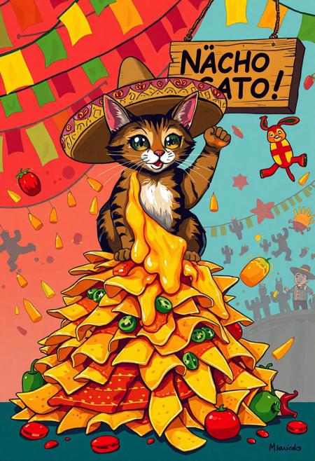 Vector flat Mexican style art Poster, A mischievous tabby cat wearing an oversized, brightly colored sombrero adorned with tiny chili pepper ornaments sits triumphantly atop a towering mountain of cheesy nachos. The chips buckle under neon-orange melted cheese that oozes like lava. The cat, with sparkling anime-style eyes the size of tortillas, swipes a nacho with dramatic flair, flinging cheese onto its whiskers in a gooey mess that stretches cartoonishly as it frantically licks it off. Behind the chaos, a vibrant Mexican fiesta bursts to life papel picado streamers flutter in reds, greens, and yellows, while googly-eyed piñatas shaped like cacti and mariachi figures dance and cheer. A hand-painted wooden sign reading “¡Nacho Gato!” swings crookedly above, caught in the festive whirlwind. Scattered below are salsa spills, a runaway jalapeño, and a toppled maraca. Rendered in a vivid Mexican folk-art style with bold outlines and Talavera-inspired patterns, the scene pops with fiery reds, sunny yellows, and deep azules—perfectly capturing the wildly whimsical spirit of a feline fiesta gone hilariously off the rails.