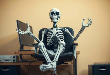 "A whimsical matte painting of a metal skeleton comfortably seated in a black office chair, arms and legs spread in a relaxed pose. The skeleton wears white gloves and black-and-white striped socks, adding playful charm. Positioned in front of a desk with a computer monitor and keyboard, the scene evokes a workspace setting. The background is a simple beige wall, providing a neutral yet harmonious backdrop. The skeleton is in sharp focus, with lifelike details and handcrafted precision, while the desk and equipment are softly blurred in the background. Rendered in a contemporary aesthetic with sharp lines, stunning colors, and a balanced composition. Inspired by Beksinski's surrealism, Grammer Effect, and Octane Render, with vivid emotions and a joyful impact. Trending on ArtStation, 4K, ultra-detailed, and impeccably composed."