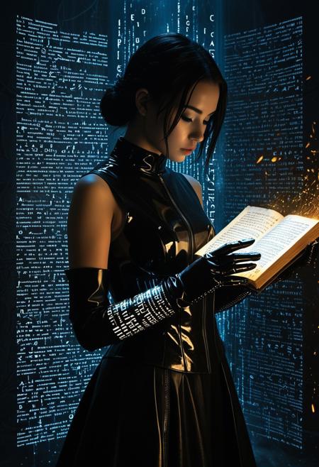 (masterpiece, atmospheric), cybernoir,
1girl with data-gloves, reconstructing burnt ancient manuscript via neural projection,
[Neo-gothic archive 2035], floating text fragments, digital dust motes,
raytraced shadows, knowledge core glow