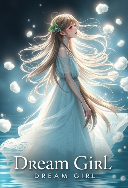 movie poster, a digital movie poster illustration, a text title movie poster "Dream World, Dream Girl" ,beautiful girl, full body, delicate hair with leaf shape accessories,hair blowing in the air,light shines through hair,crystal earrings, (very long straight hair flowing), full body, flowing long white translucent iridescent lace skirt like crystal, windy,wind spiral,
reflection in water,  cotton wool blowing in the air,Fresh atmospheric background,fantasy,dreamlike,highly detailed