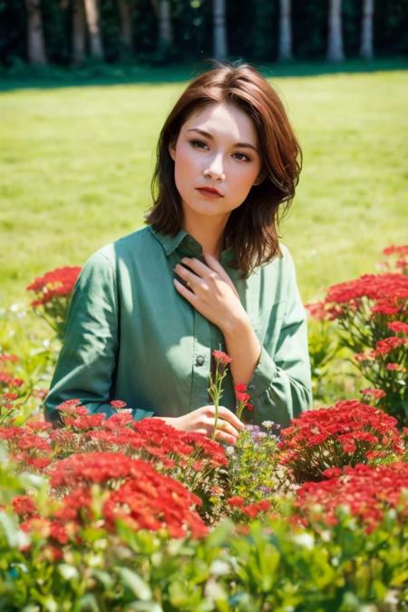 1girl,grass,flowers,Red trench,best quality, masterpiece, Rich in detail,brown hair, intricate, elegant, highly detailed, majestic, digital photography, (masterpiece, sidelighting, finely detailed beautiful eyes: 1.2), hdr,  <lora:ouyangpeishan:0.8>