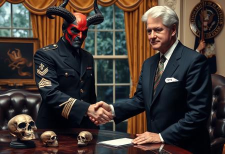 general satan in an immaculate military dress uniform posing for photo shaking hands with president clinton of the united states in sharp suit inside the oval office, real photograph,  dark empty eyes, lovecraftian, photorealistic, correct hands, correct fingers, presidential seal, vote button, campaign photo, election, decorative otherworldly demonic skull artifact on desk, monica lewinsky under desk with mouth full