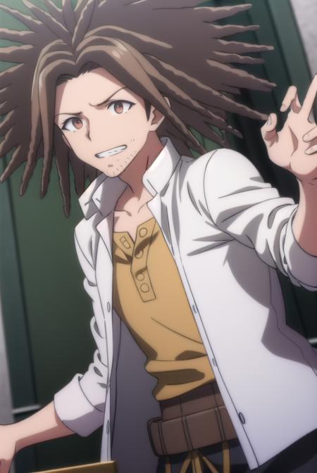 yasuhirohagakure, <lora:yasuhiro hagakure s1-lora-nochekaiser:1>,
yasuhiro hagakure, bangs, brown hair, (brown eyes:1.3), male focus, facial hair, dreadlocks, smile, grin,
BREAK shirt, collarbone, jacket, white shirt, open clothes, collared shirt, open jacket, black jacket, dress shirt, brown shirt,
BREAK indoors, classroom,
BREAK looking at viewer, (cowboy shot:1.5),
BREAK <lyco:GoodHands-beta2:1>, (masterpiece:1.2), best quality, high resolution, unity 8k wallpaper, (illustration:0.8), (beautiful detailed eyes:1.6), extremely detailed face, perfect lighting, extremely detailed CG, (perfect hands, perfect anatomy),