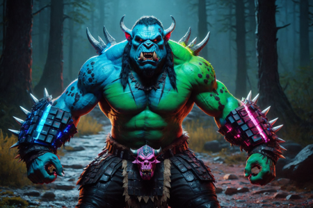 an orc berserker made out of RGB Keyboards, with green skin, covered in war paint, holding two axes, solo, from the Ironjaw Clan, with iron armor pieces pulsing with RGB lights and black tattoos, RGB hunting grounds with neon dense forest, glowing animal tracks, scattered bones with RGB lights, detailed background, tanning a hide, stretching leather, with RGB lights pulsing, curious, eyes wide, glowing with RGB lights, dynamic angle, wide shot, a digital pit fight tournament with orcs fighting, crowds cheering, blood with RGB lights on the ground, a glowing RGB dagger with RGB lights, nearby, on neon rocky terrain, jagged stones with RGB lights, a neon pastel sky with RGB lights, soft pinks and blues shimmering, afternoon, golden sunlight, long shadows, warm breeze, best quality, vibrant colors, photorealistic style, high detail, high-definition, hyper-realistic, extremely high-resolution details, fine texture, incredibly lifelike, realistic, not cartoon, not drawing, highres, 4K resolution, source photo, realistic photo, masterpiece, best quality, amazing quality, very aesthetic, ultra-detailed, detailed textures, natural lighting, soft lighting, cosmic RGB colors, purples, blues, starry whites, digital flash, bright and intense, close-up shot, <lora:RGB_Keyboard_themed-000008:1>