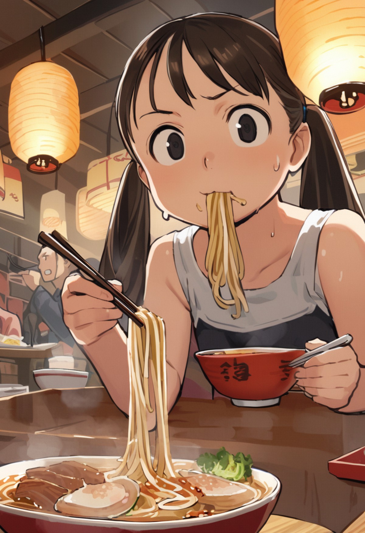 <lora:comiclo_a31:1>,noodles, ramen, food, restaurant, chopsticks, eating, 1girl, bowl, twintails, black eyes, cup, solo f...