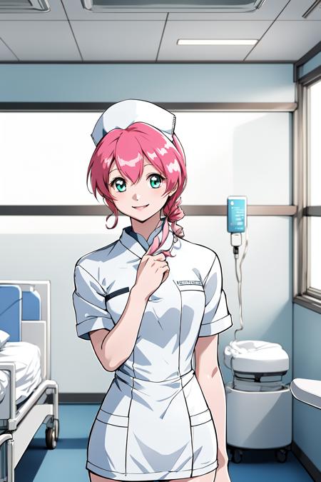 (RAW photo, best quality), 1girl,  natural lighting, indoor, hospital, operating room,  <lora:innai_kansen_yoneda_shiori_v2_2-000004:1>, yoneda shiori, nurse, nurse cap, smile,