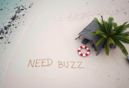 aerial view of tropical desert island beach with broken life raft and makeshift shelter made of palm leaves. There is written text on beach sand by a survivor "NEED BUZZ"