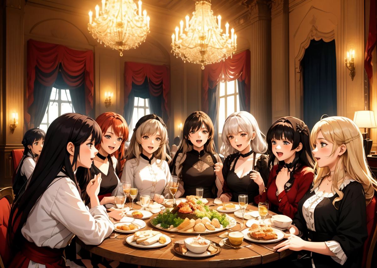 A group of women sitting around a table full of food and drinks.