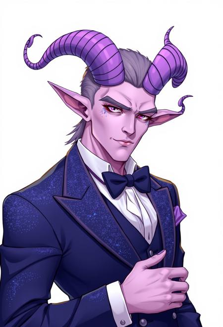 Handsome satyr demon man with lavender skin and curling purple horns, goat legs with lavender fur. Dark blue glitter tuxedo jacket, ascot. Anime Style.