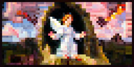 64x 32y, void, an angel praying into a black void, out of bounds, rock, pink swirling clouds in the background, flame particle coming from the void