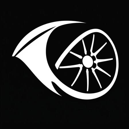 (stylized logo, emblem, vector art), (car wheel), (solid colors, thick-linework), white outline, black background, 
car wheel symbol white in the center, heraldic, black background, HDR, UHD,