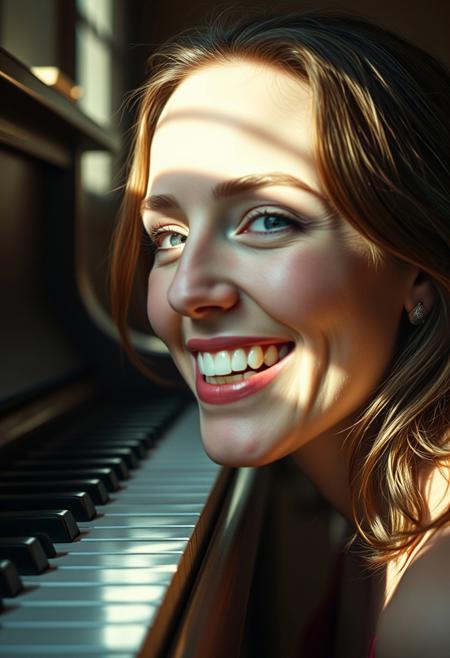 photorealistic image, 4k, hires, a woman with teeth of piano key is smiling, in the dusty room, film grain, cinematic lighting, shade, 
brown hair, 
portrait photography, cinematic, poster, painting,