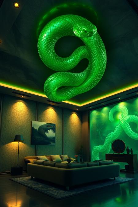 jade_snake. 0n1r1c. Living room, big jade_snake on the ceiling, glorious glow, lights on the wall, green aura