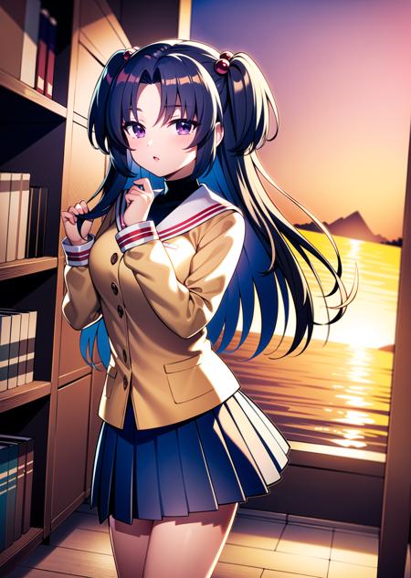 ((masterpiece)), ((best quality)), ((highres)), ((detailed background)), ((extremely detailed CG unity 8k wallpaper)), solo, library, natural lighting, sunset, <lora:ichinose kotomi:0.7>, ichinose kotomi, clannad uniform, blue skirt, black socks, two side up, hair ornaments