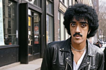 TLPhil  is Thin Lizzy frontman Phil Lynott standing on NYC sidewalk  in front of bodega
detailed glossy eyes (looking directly at camera)
depth of field
  <lora:TLPhil:1>