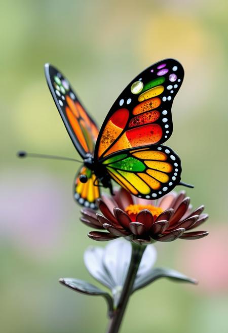 beautful and colorful tainted glass butterfly standing on a metal flower