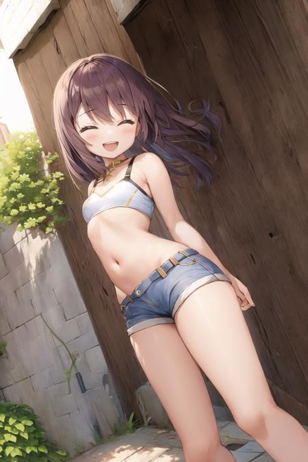 (alley:1.2), 1girl, flat chest, (wide hips:1.2), :d, short shorts, closed eyes, laugh, <lora:AtomicHips2:0.6>, <lora:Alley:0.6>