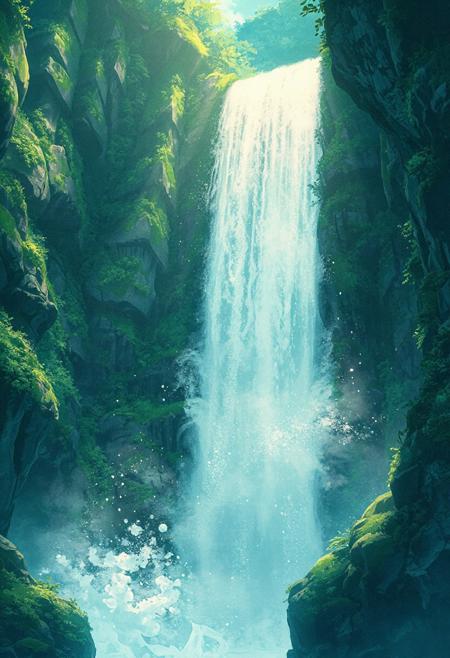 Vertical 9:16 cinematic anime scene, majestic waterfall cascading over ancient mossy cliffs, shimmering droplets catching sunlight, mist dancing in slow motion, rainbow faintly visible near the spray, lush jungle background, pastel emerald and aquamarine palette, ultra-detailed anime watercolor style, dreamlike and powerful.
Inspired by: Children Who Chase Lost Voices