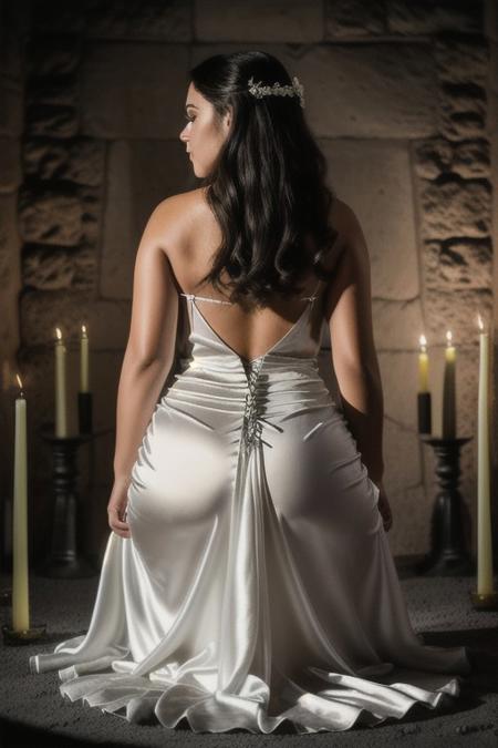 Photo•raw•8k uhd•dslr•high quality•ultra-realistic•realistic•realism•film grain overlay•Fujifilm XT3.
View from behind, dark gothic-style•candle-lit room•ancient stone altar.
1woman•wearing a (white satin gown dress)•(voluptuous)-body•kneeling•skin covered in honey