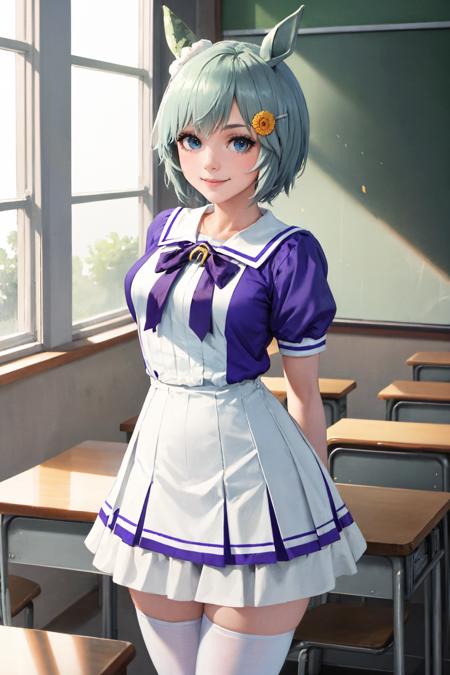 (masterpiece, best quality:1.2), solo, 1girl, seiunsky, smile, looking at viewer, arms behind back, hairclip, hair flower, horse ears, tracen school uniform, purple shirt, puffy short sleeves, white skirt, white thighhighs, horse tail, classroom <lora:umamusume_seiunsky-10:1>