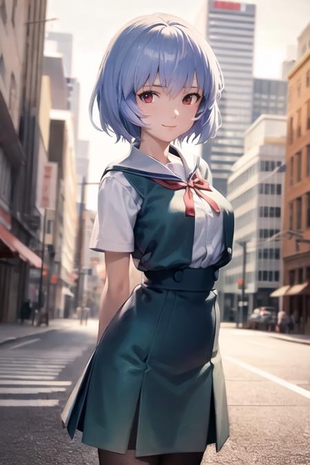 masterpiece, best quality, 1girl, ayanamirei, evauniform, looking at viewer, light smile, city, arms behind <lora:AyanamiReiV3-000014:0.6>