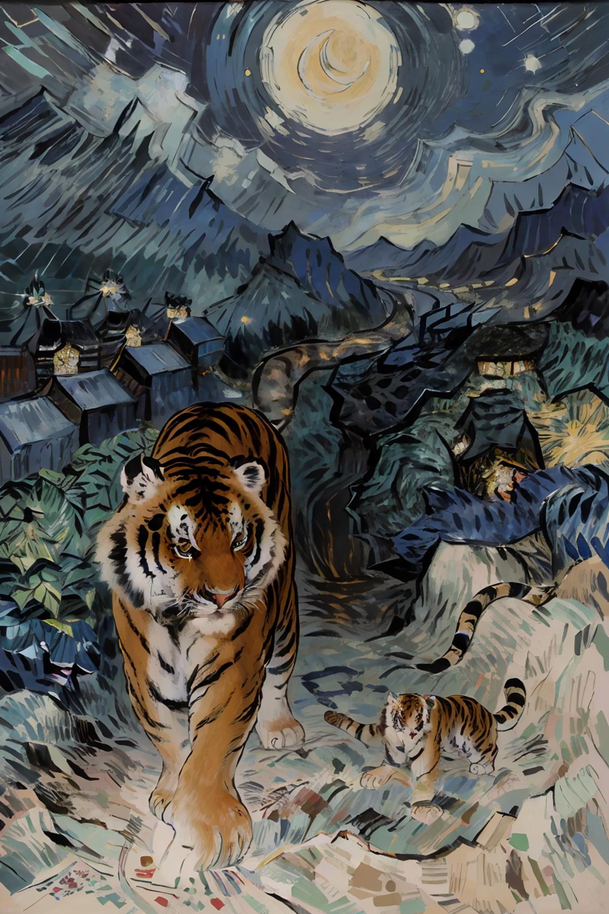 A large tiger walking through a village with a baby tiger.