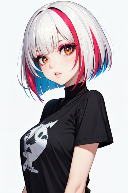 1girl,solo, upper body,looking at viewer, white background, bob cut, short hair, multicolored hair, makeup , parted lips, eyeliner, goth girl, tshirt