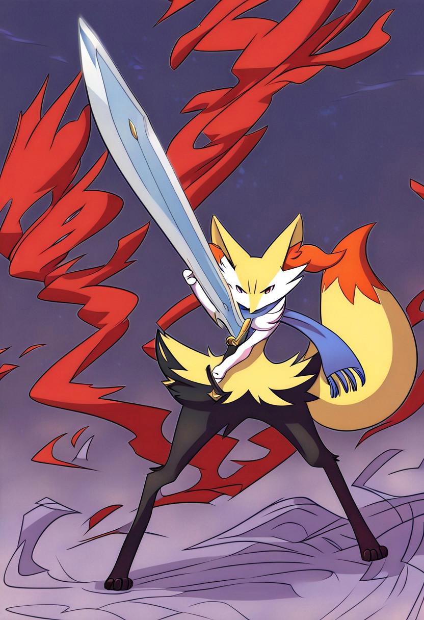 male Braixen, anthro, long legs, red coat, blue scarf, brave-perspective, holding sword, steel sword