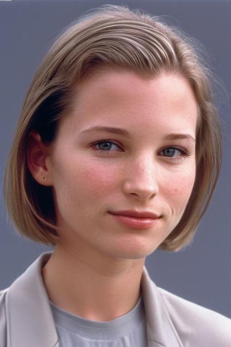 (CR-Bridg3tFonda-v2-summer4love263:0.9), face closeup portrait of young woman, slick hair, oiled shiny skin, grey background, (tilted pose shot:1.0),