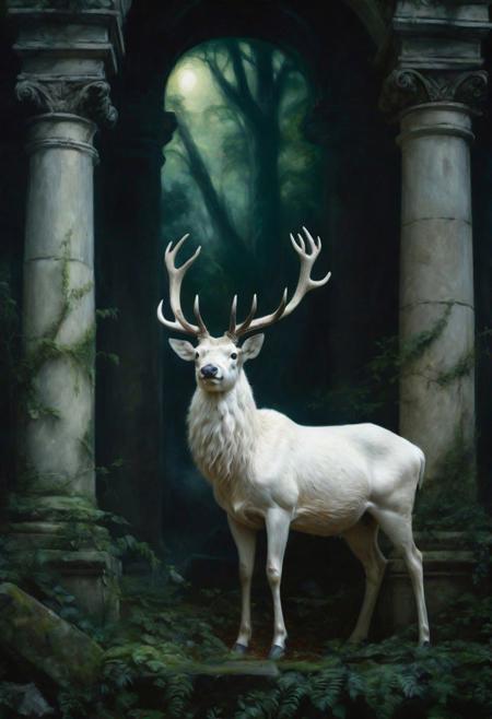 A regal white stag standing among ruins in dark mysterious forest , showcased as a Renaissance-style oil painting. The lighting is soft and natural, enhancing the rich greens and deep blacks of the scene, capturing a mysterious mood. In a style reminiscent of Titian. , 8k,