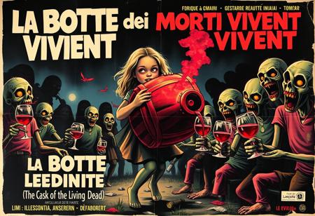 Create a vintage-style Italian horror-comedy poster for La Botte dei Morti Viventi (The Cask of the Living Dead), a playful sequel to The Enorcist. Set in a spooky 1970s Italian countryside, the poster should show the now-possessed little girl carrying her inseparable wine cask, joyfully sharing wine with a group of delighted zombies. These undead characters should have a humorous twist, with goofy smiles and wine glasses in hand, eagerly waiting for a pour.
The design should echo classic horror posters with bold, dramatic colors, dark shadows, and eerie lighting but with a satirical undertone. Include Italian text for authenticity, using retro 70s typography. Show the girl pouring wine from the cask with a ghostly glow or red wine-colored mist emanating from it. Add small, fun details like wine bottles scattered around, some broken, and happy zombie faces with purple wine-stained lips. For extra effect, age the poster with tears, faded colors, and a slightly rotten, crumpled paper look, as if it has been plastered on a wall since the 70s.
